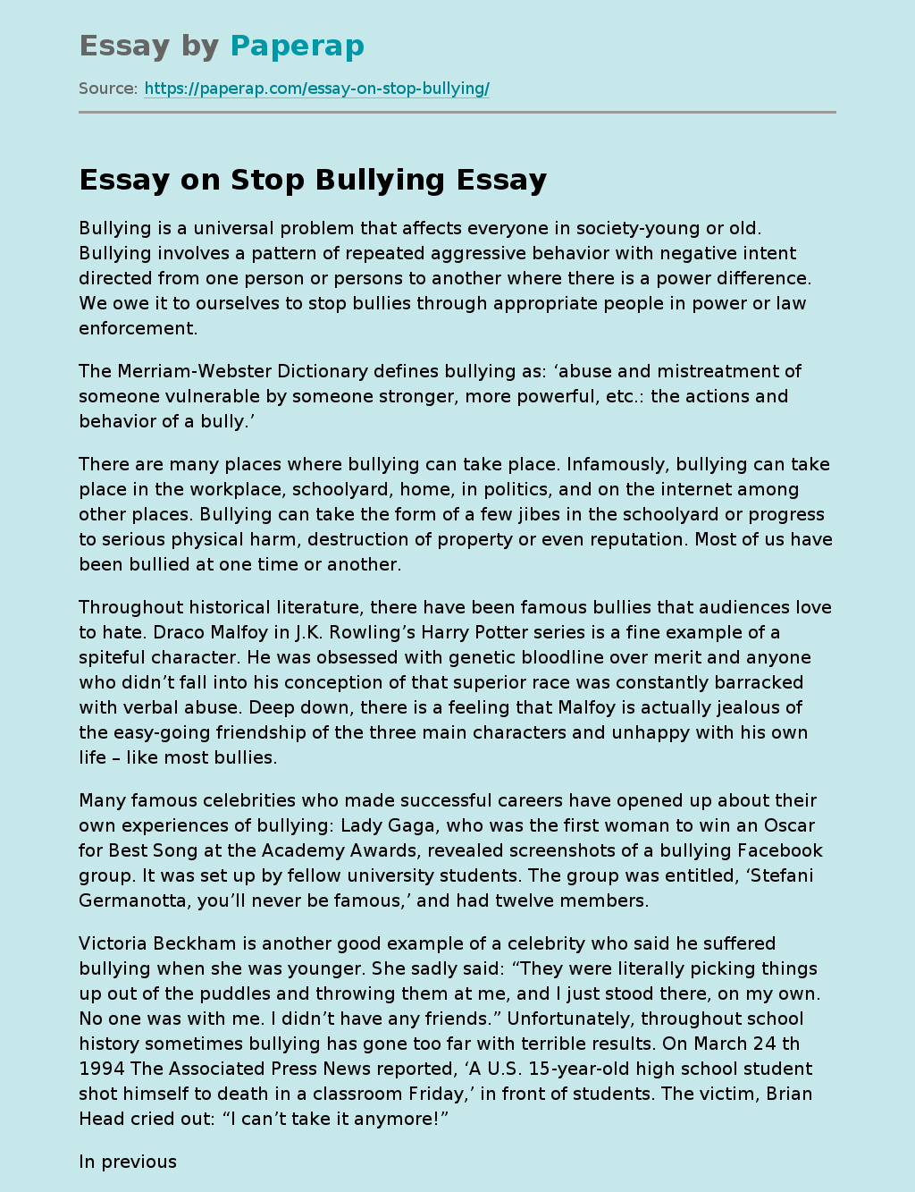 On Stop Bullying Free Essay Example