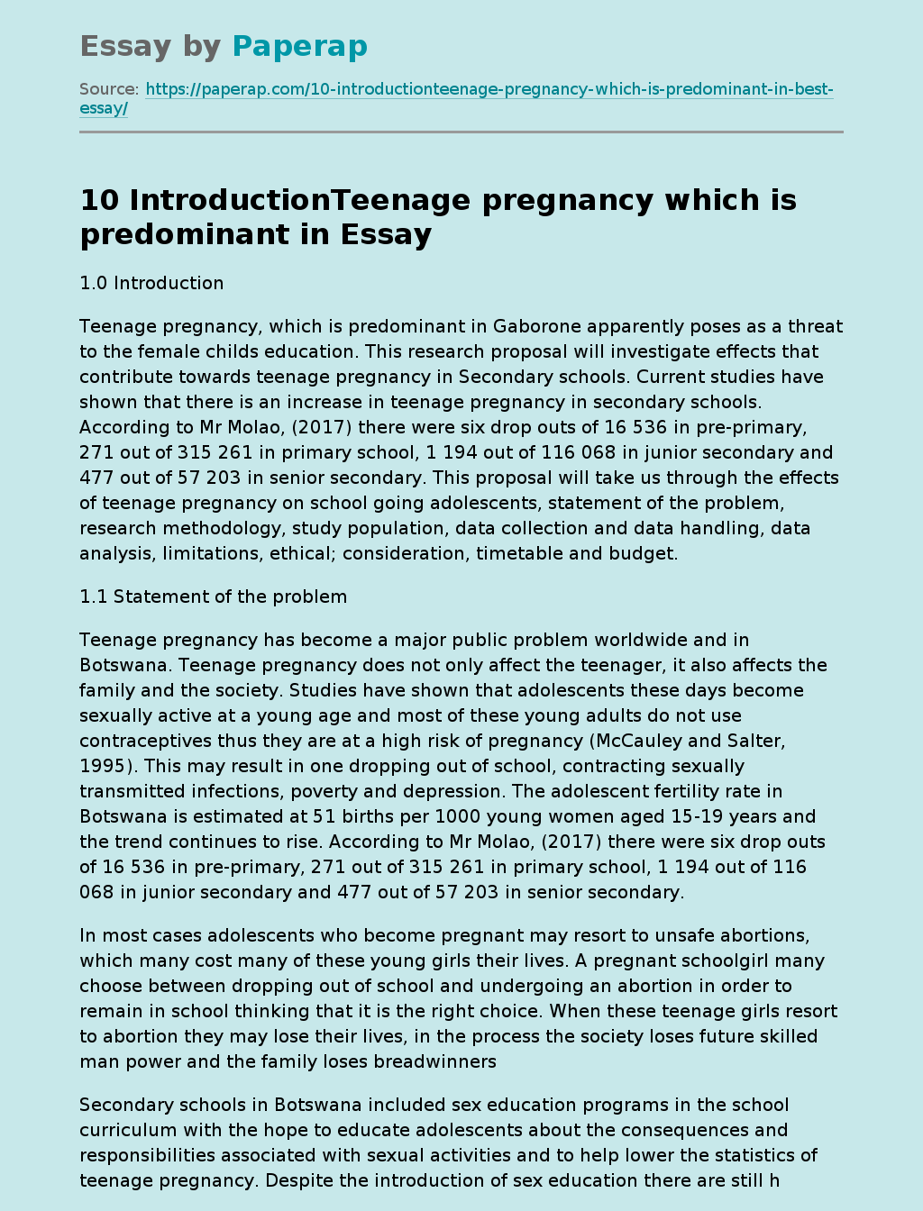 Teenage Pregnancy in Gaborone A Threat to Girls