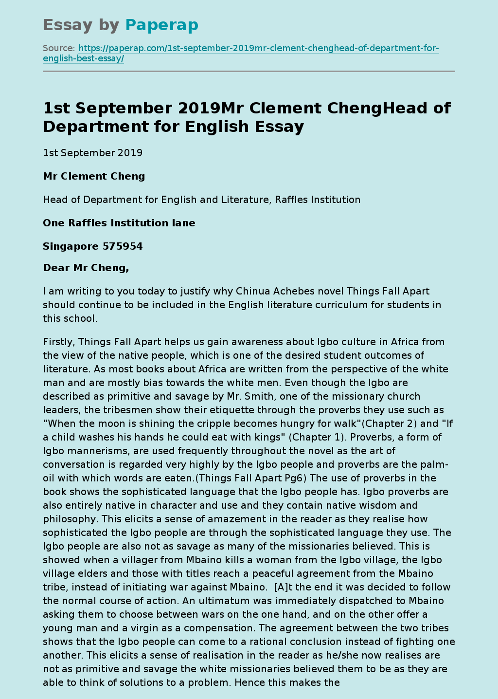 1st September 2019Mr Clement ChengHead of Department for English