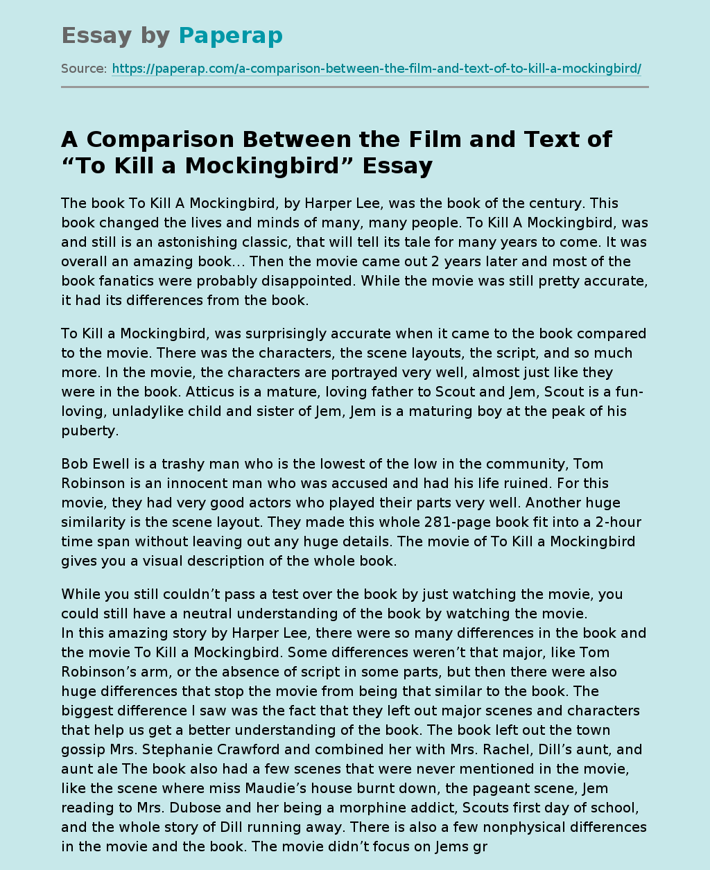 A Comparison Between the Film and Text of “To Kill a Mockingbird”