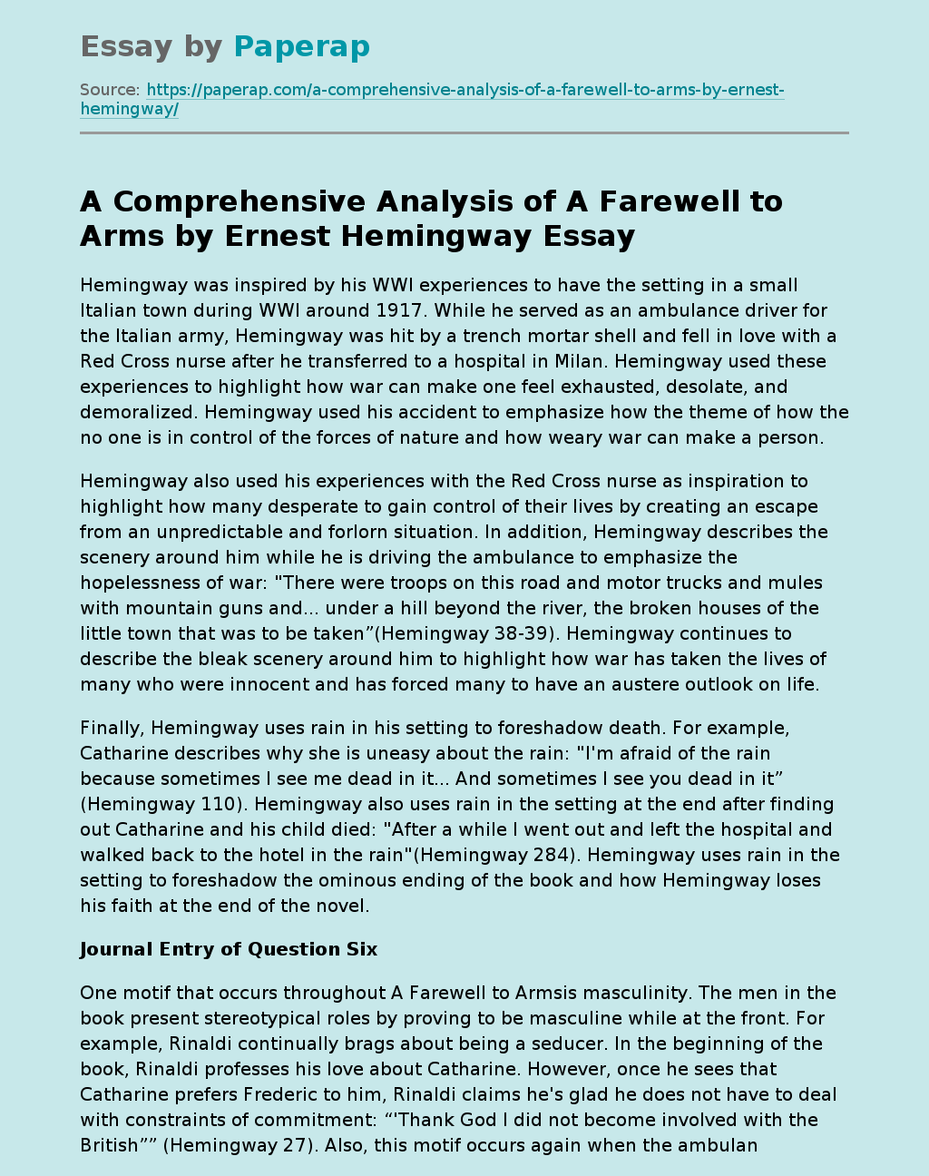 A Comprehensive Analysis of A Farewell to Arms by Ernest Hemingway