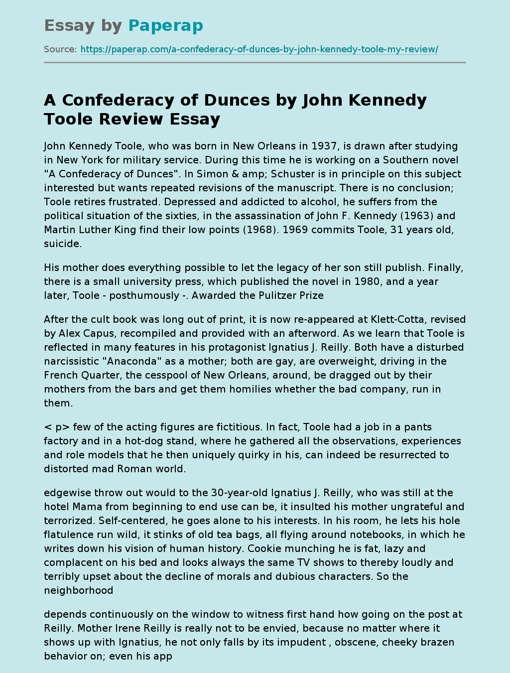"A Confederacy of Dunces" by John Kennedy Toole. Review