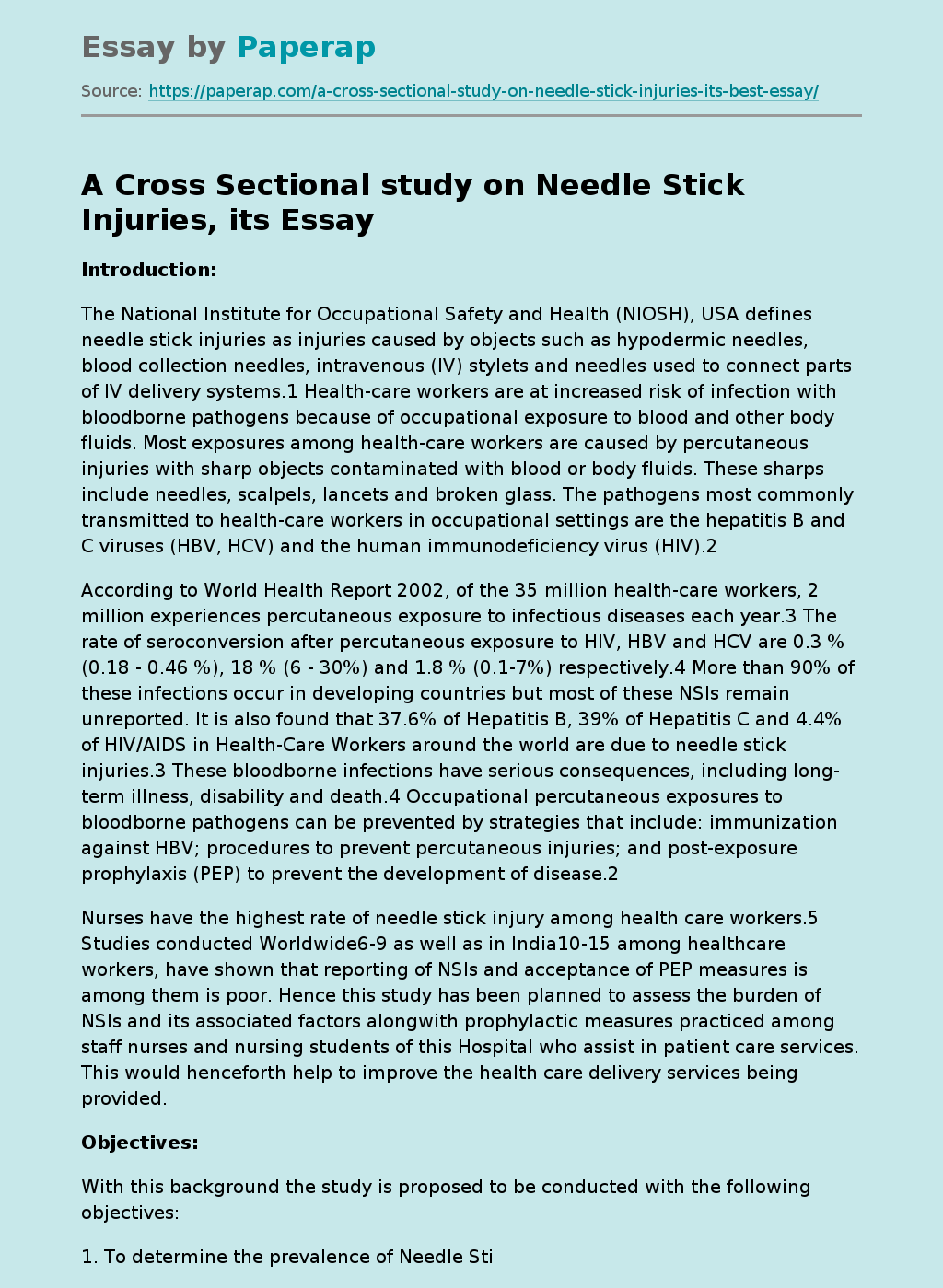 A Cross Sectional study on Needle Stick Injuries, its
