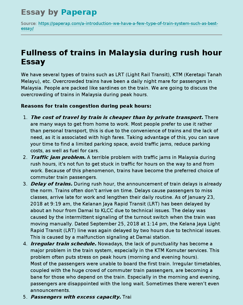 Fullness of trains in Malaysia during rush hour
