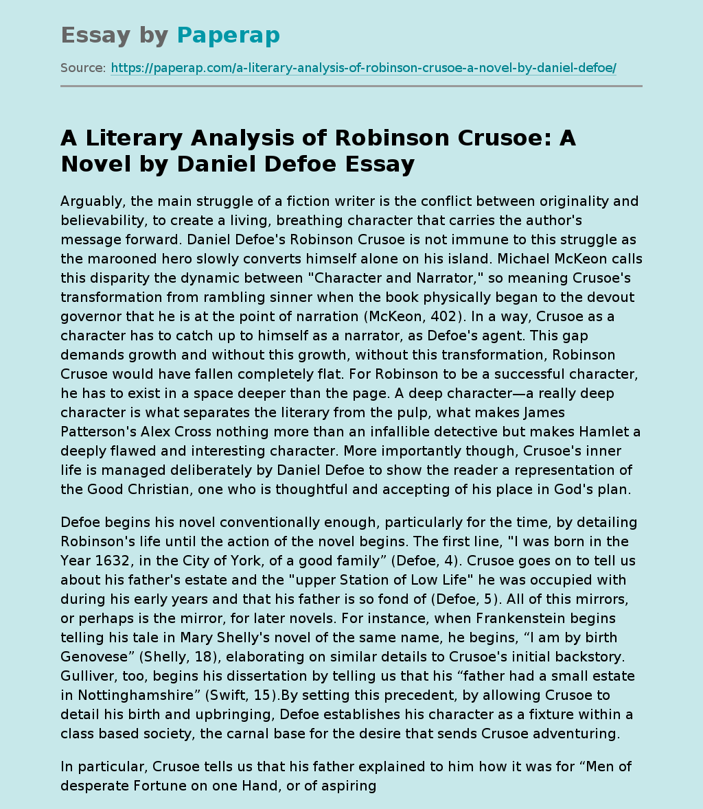 A Literary Analysis of Robinson Crusoe: A Novel by Daniel Defoe