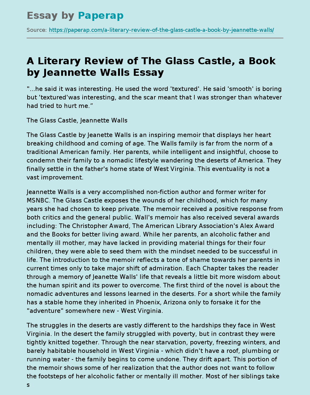 A Literary Review of The Glass Castle, a Book by Jeannette Walls