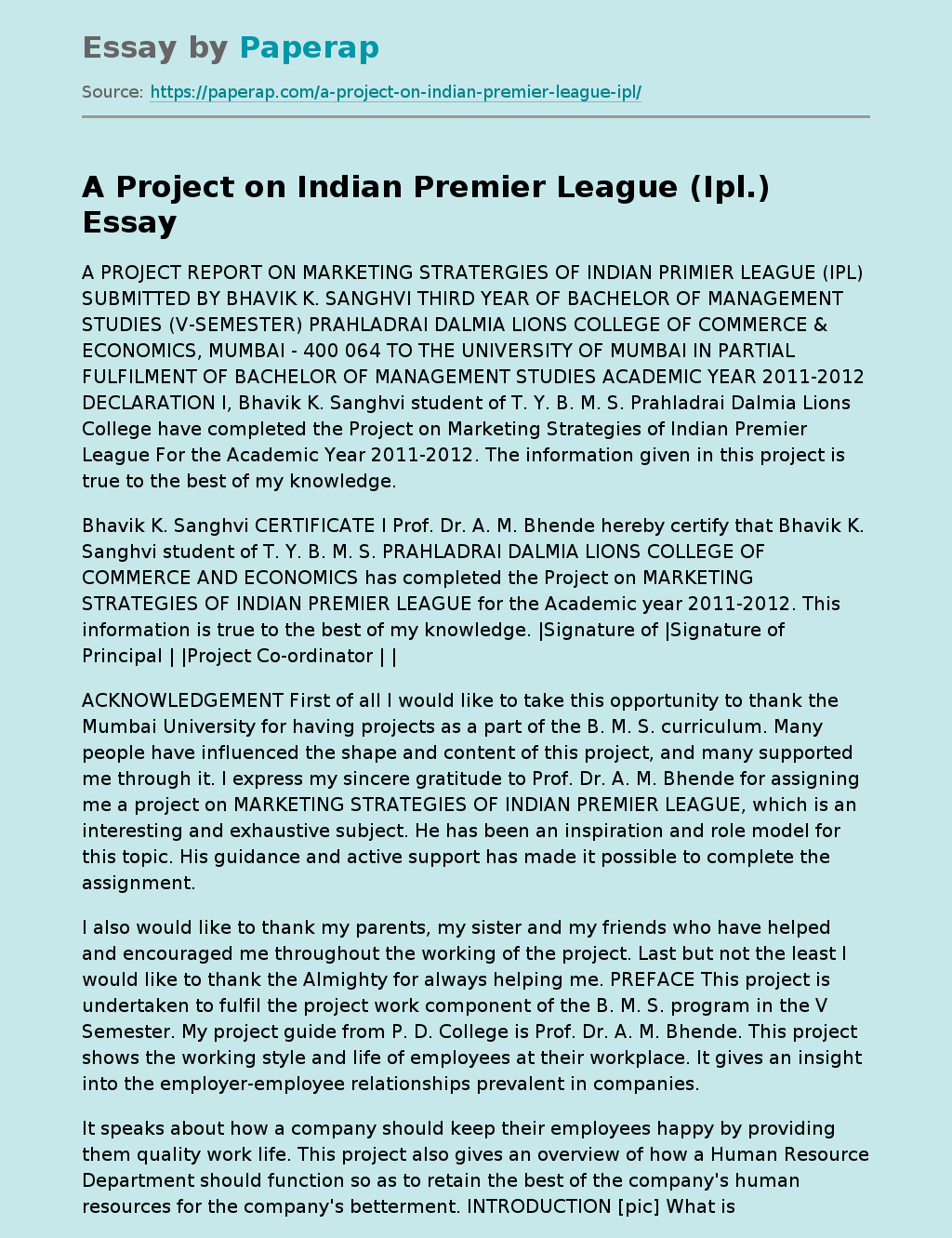 A Project on Indian Premier League (Ipl.)
