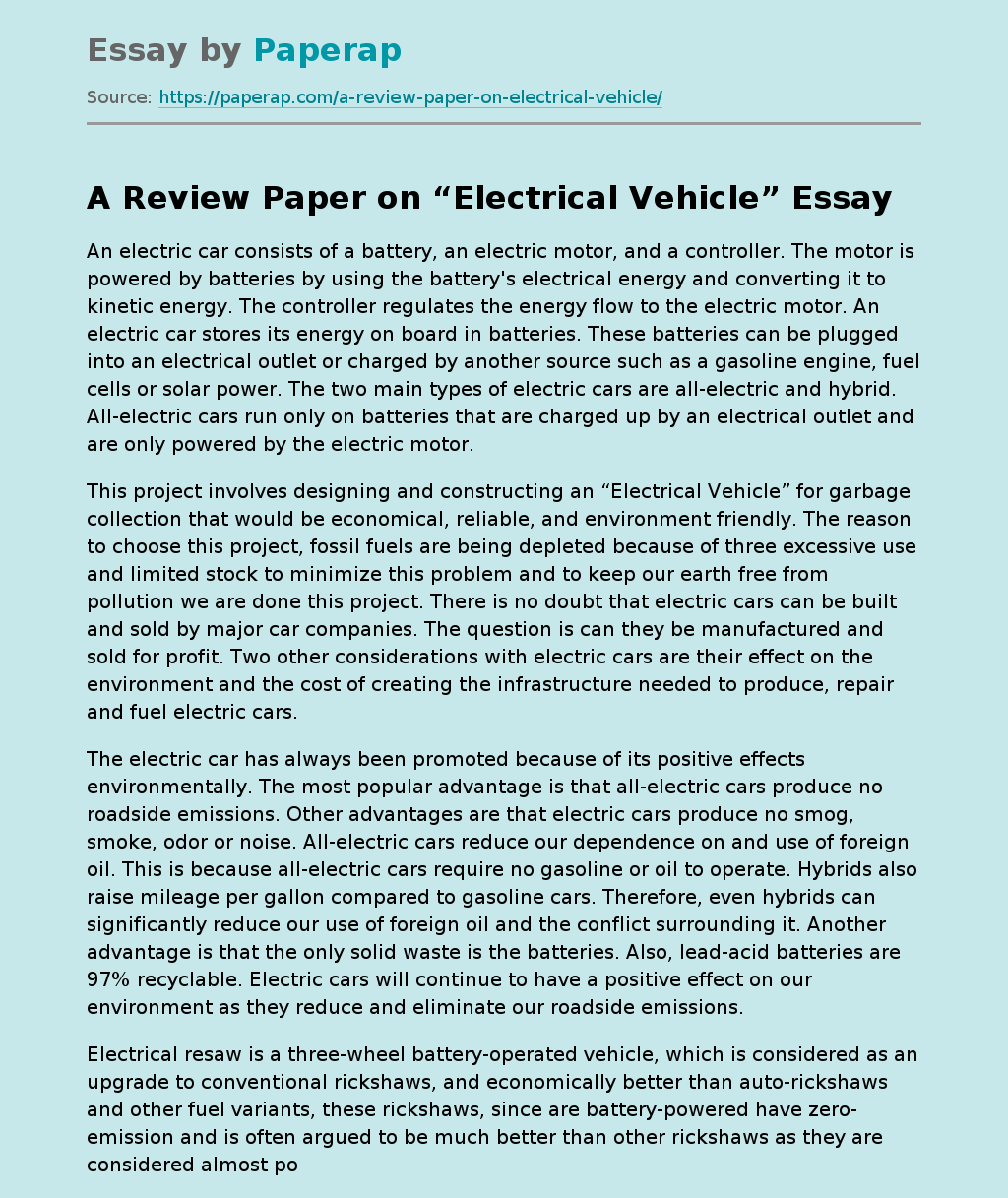 A Review Paper on “Electrical Vehicle”