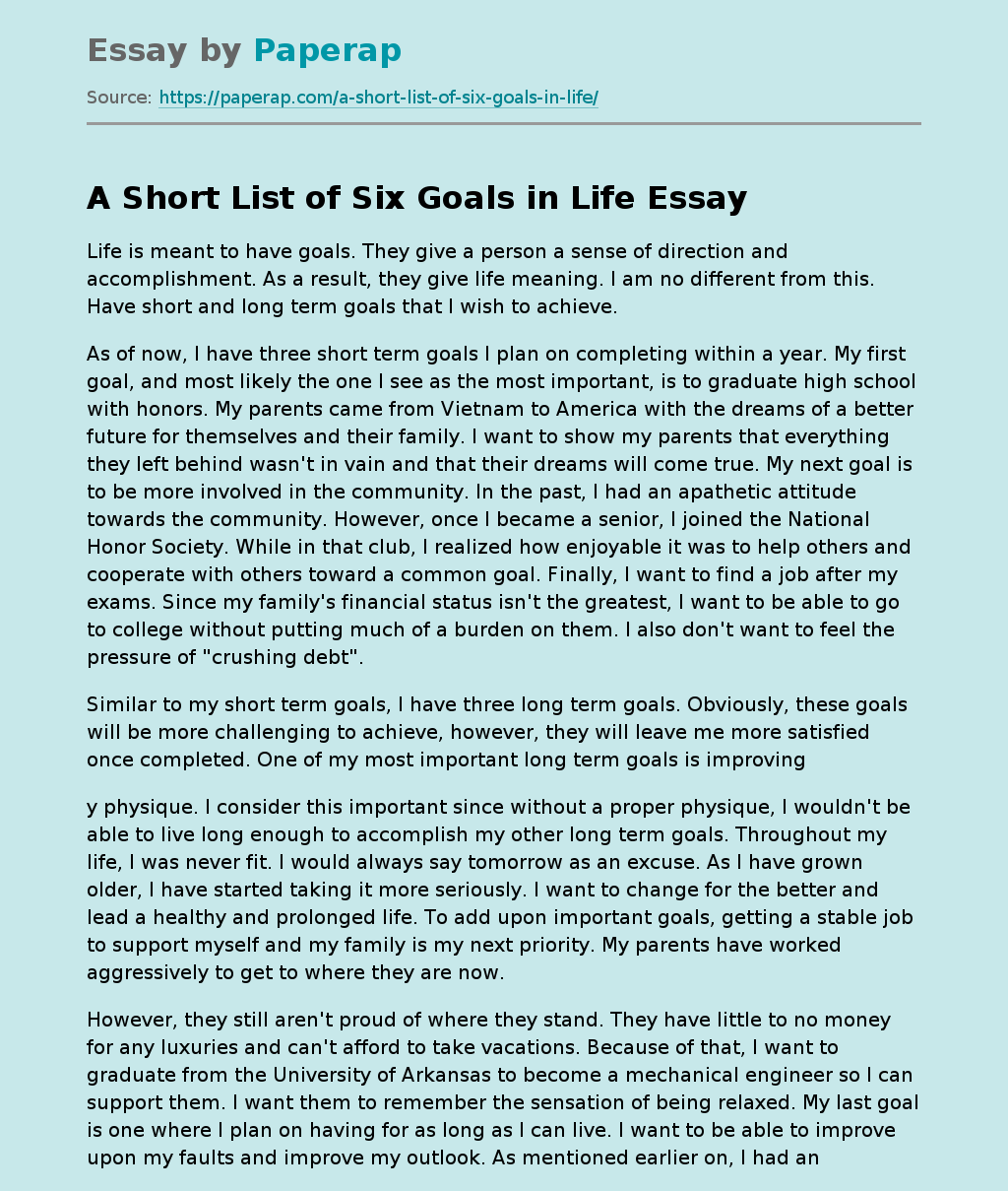 A Short List of Six Goals in Life