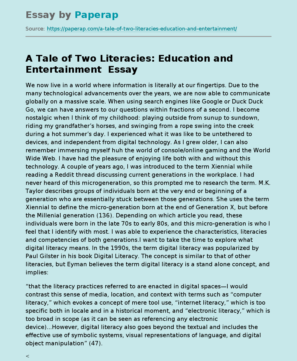 A Tale of Two Literacies: Education and Entertainment 