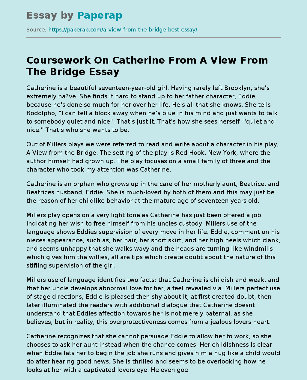 Coursework On Catherine From A View From The Bridge