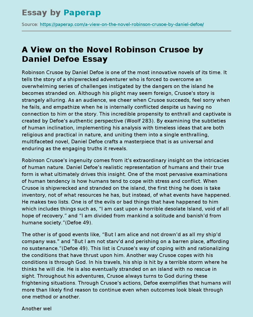 A View on the Novel Robinson Crusoe by Daniel Defoe