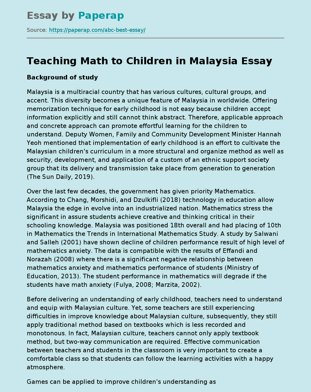 Teaching Math to Children in Malaysia