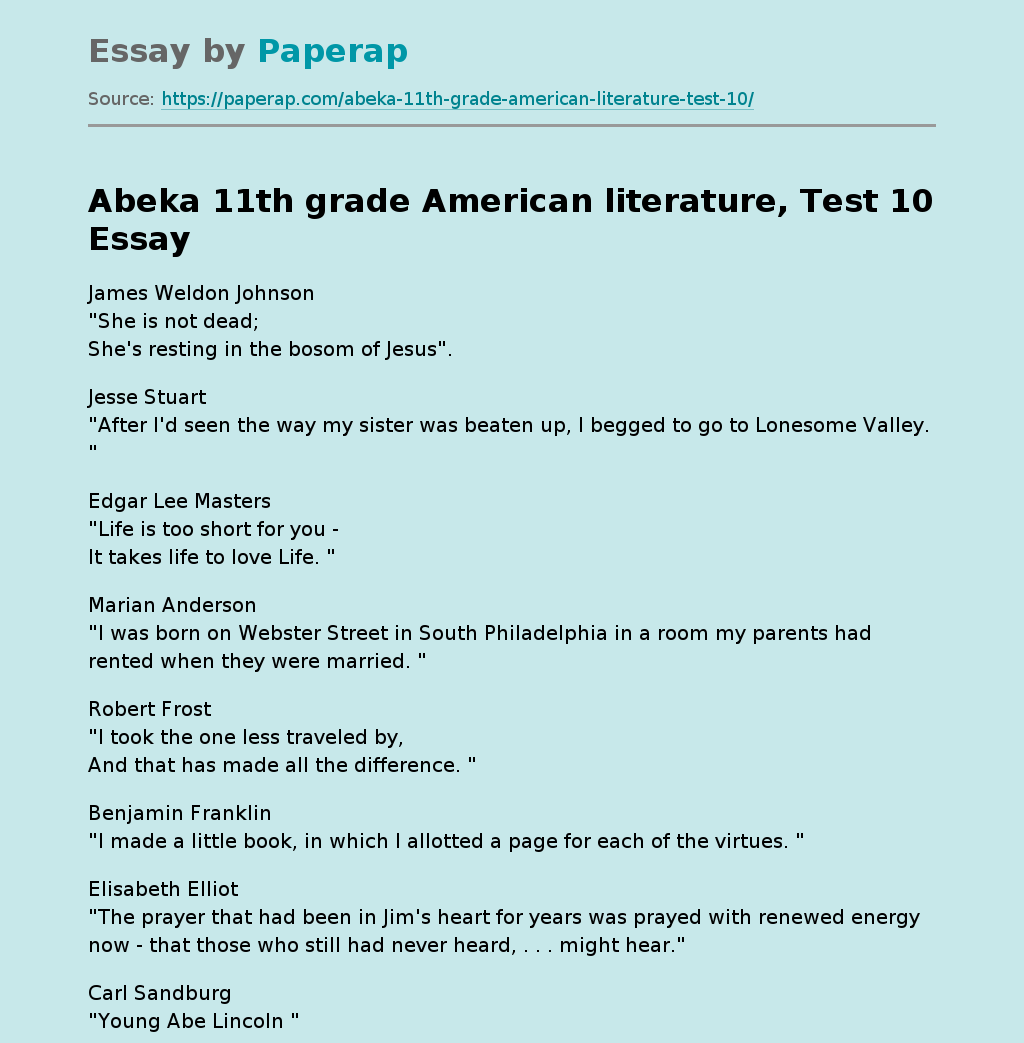 Abeka 11th grade American literature, Test 10