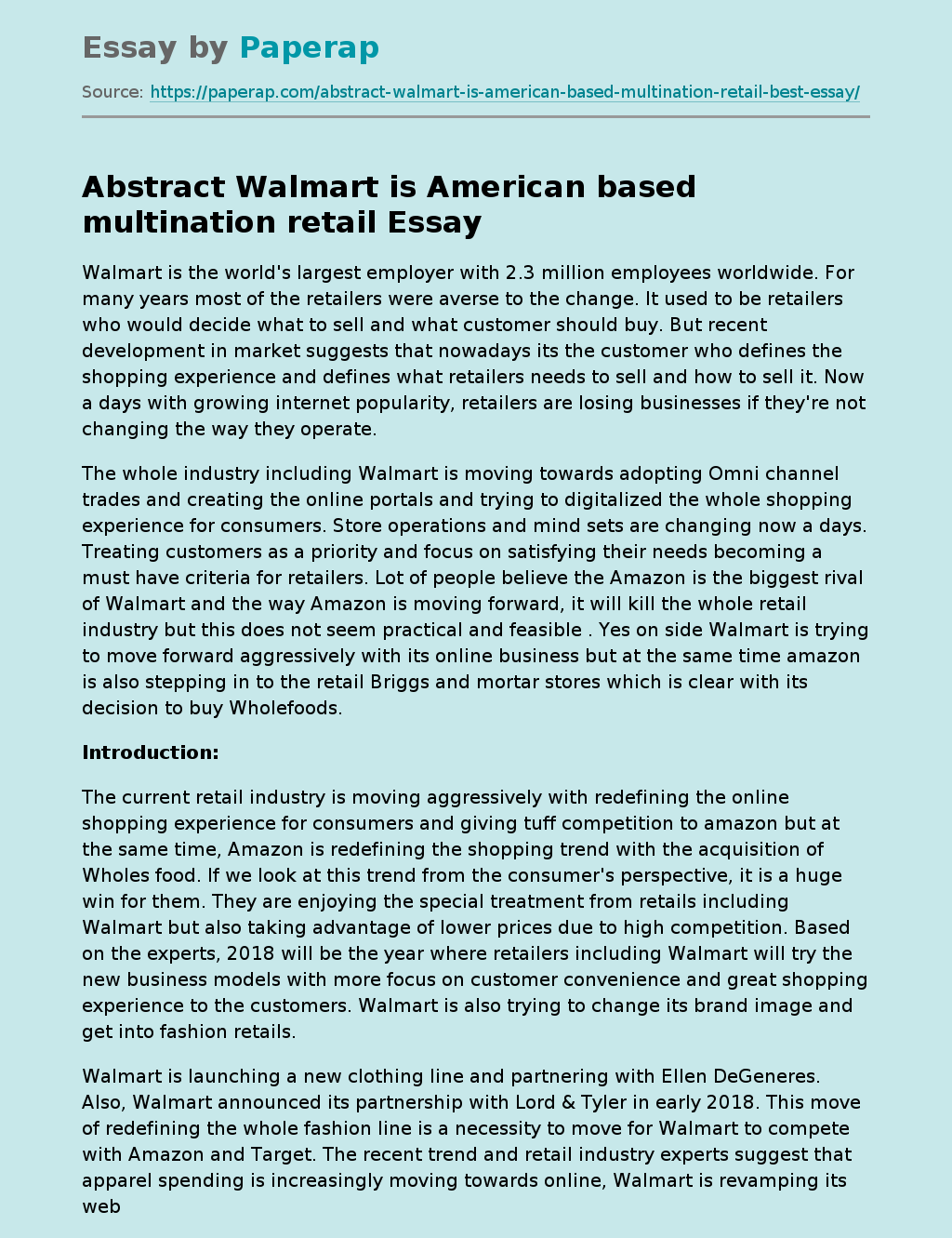 Abstract Walmart is American based multination retail