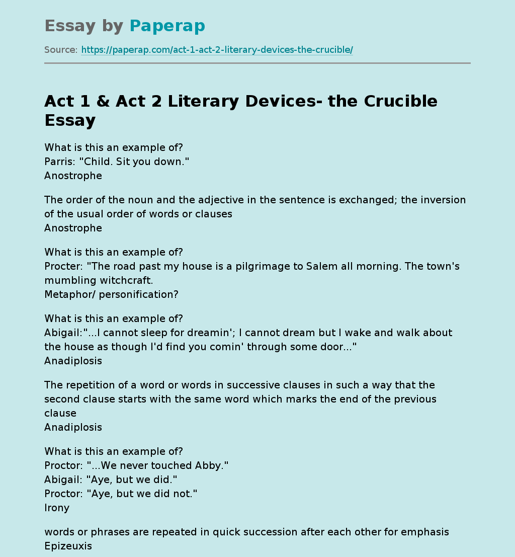 Act 1 &amp; Act 2 Literary Devices- the Crucible
