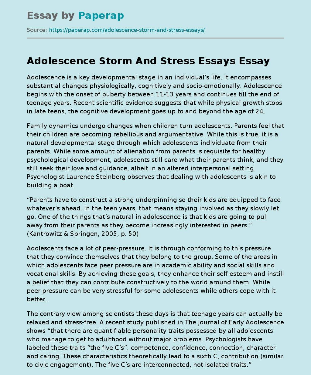 Adolescence Storm And Stress Essays