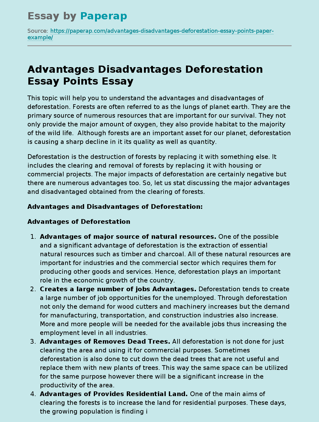 Advantages Disadvantages Deforestation Essay Points