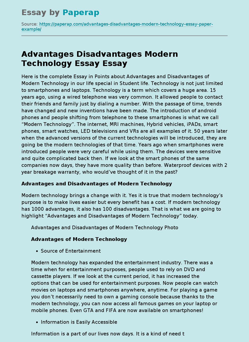 Advantages Disadvantages Modern Technology Essay