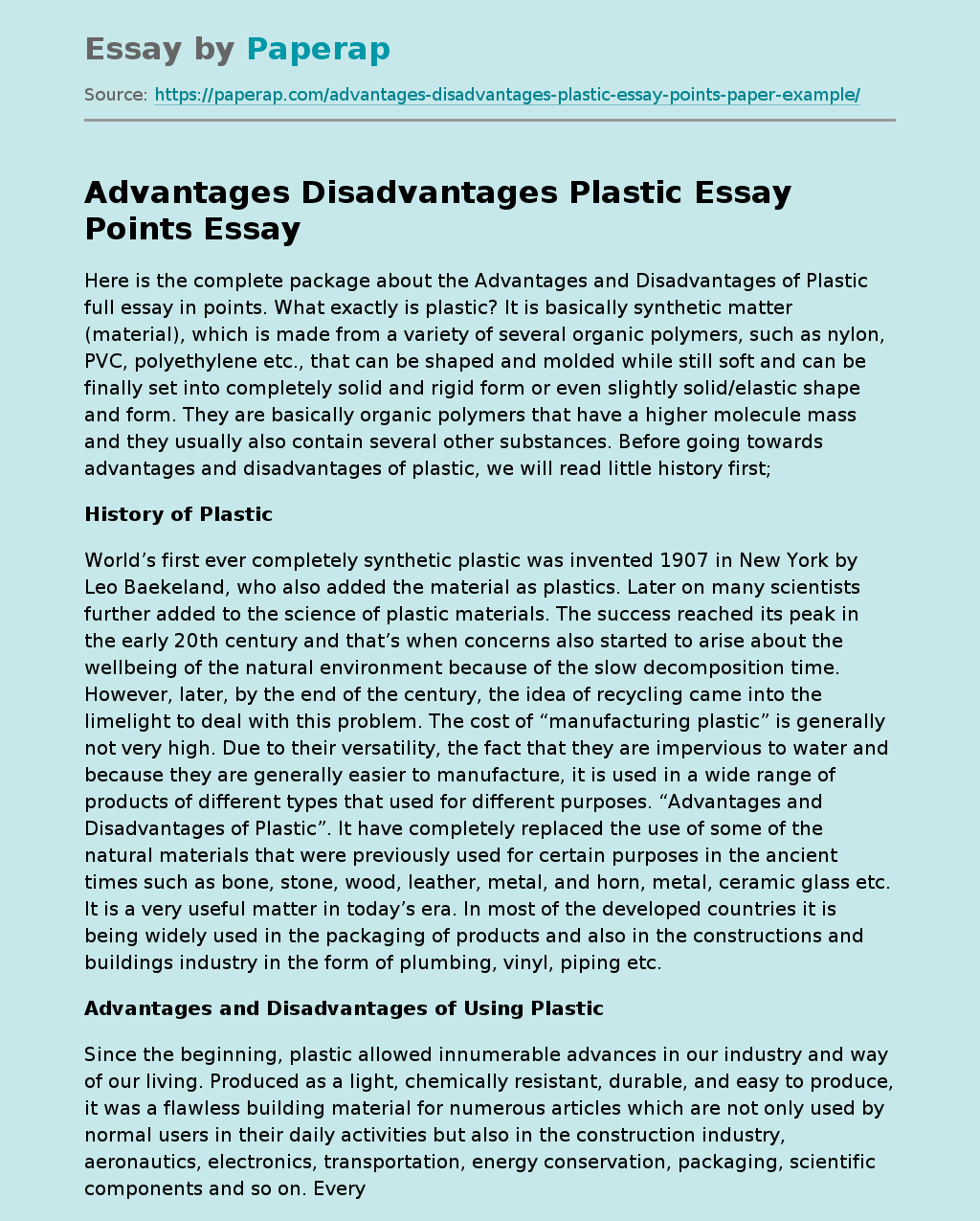 Advantages Disadvantages Plastic Essay Points