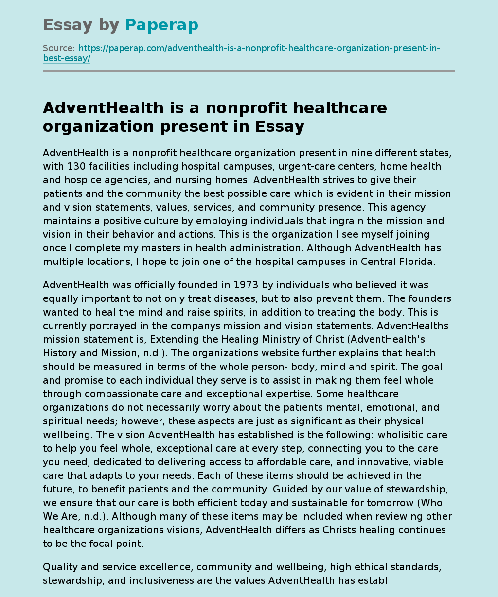 AdventHealth is a nonprofit healthcare organization present in