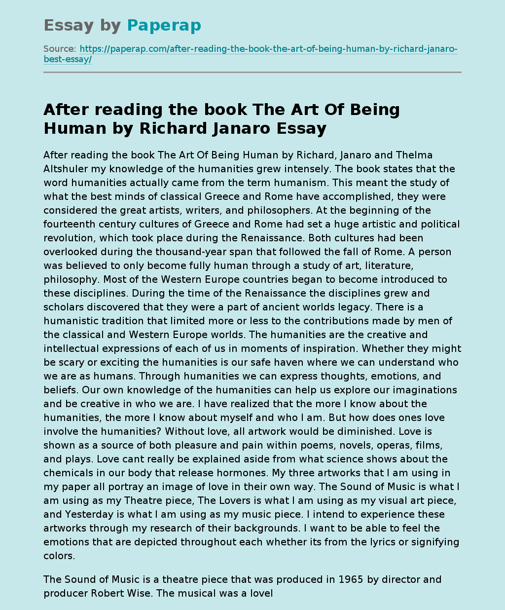 After reading the book The Art Of Being Human by Richard Janaro