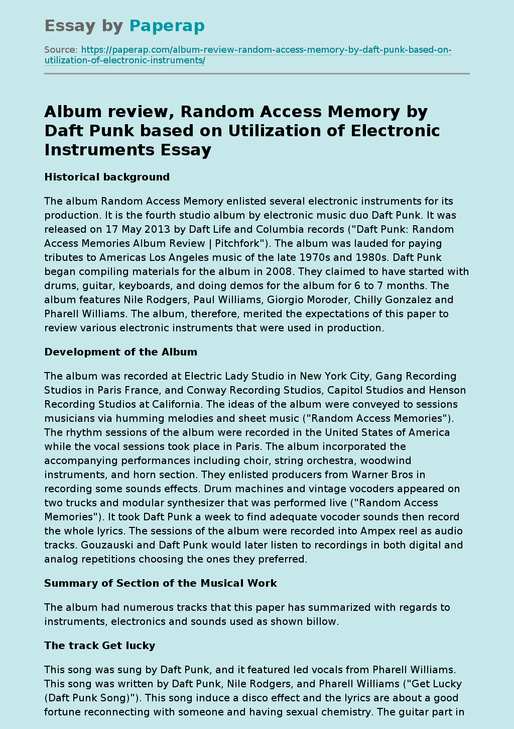 Album review, Random Access Memory by Daft Punk based on Utilization of Electronic Instruments