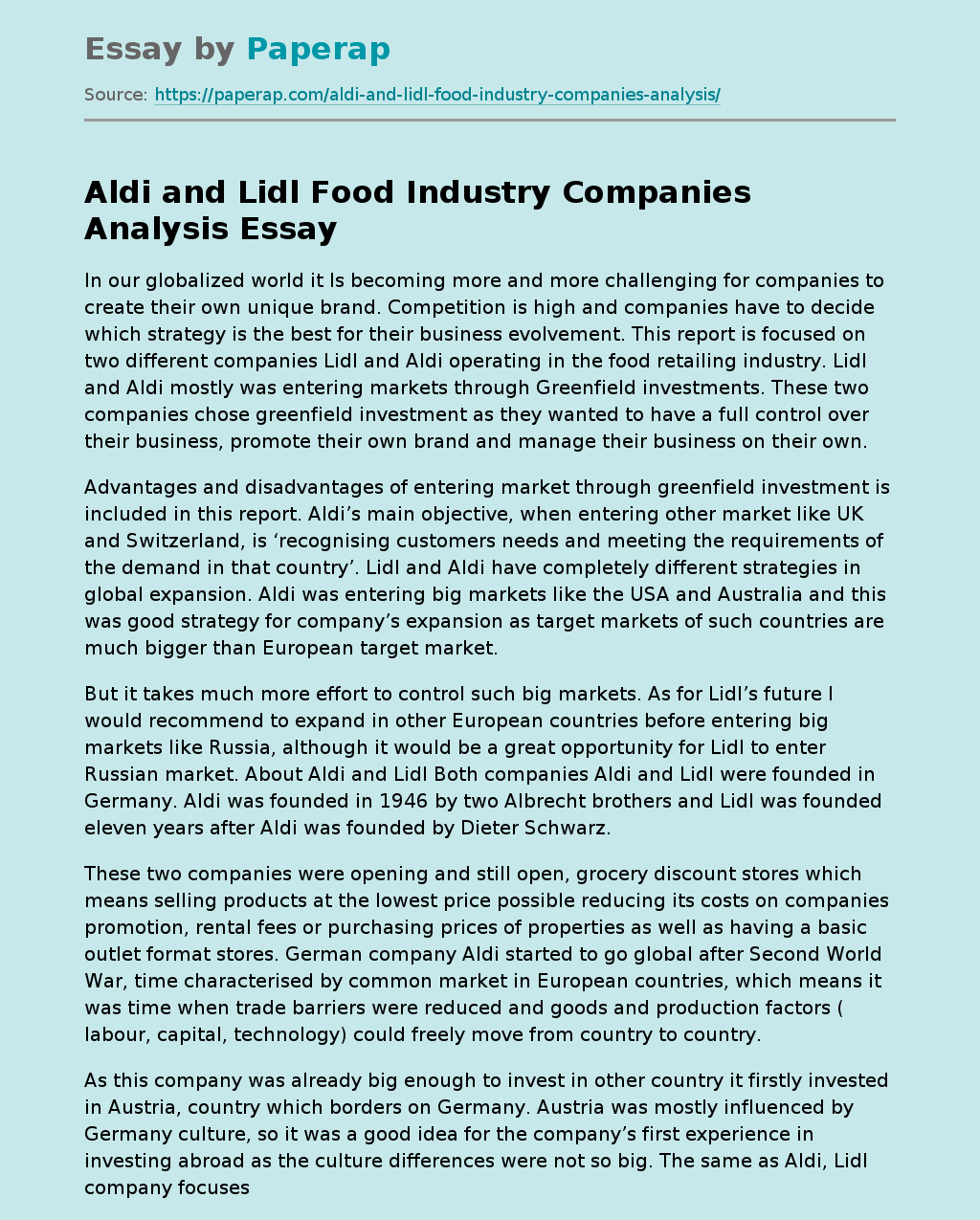 Aldi and Lidl Food Industry Companies Analysis