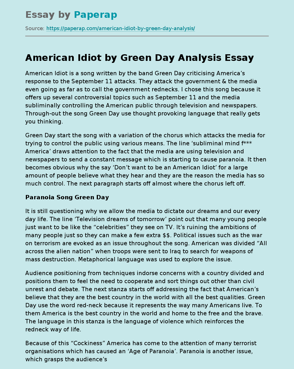 American Idiot by Green Day Analysis