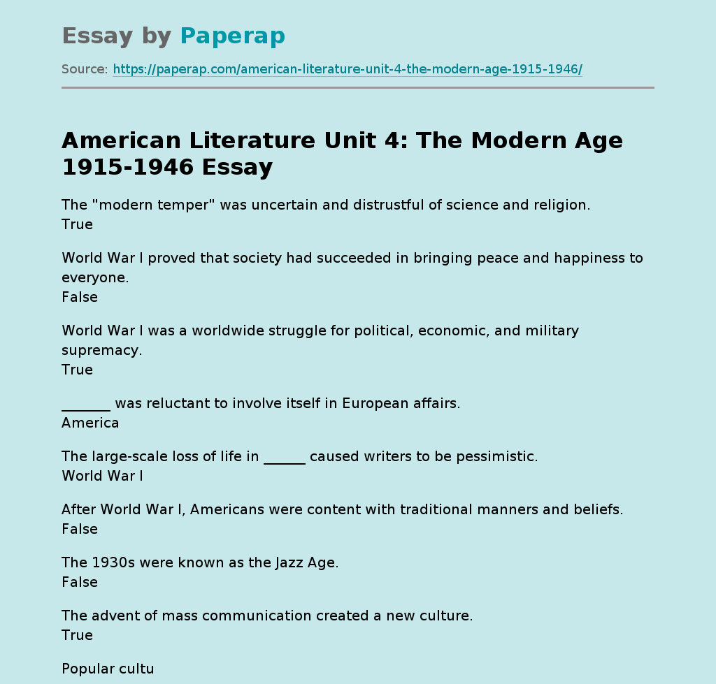 American Literature Unit 4: The Modern Age 1915-1946