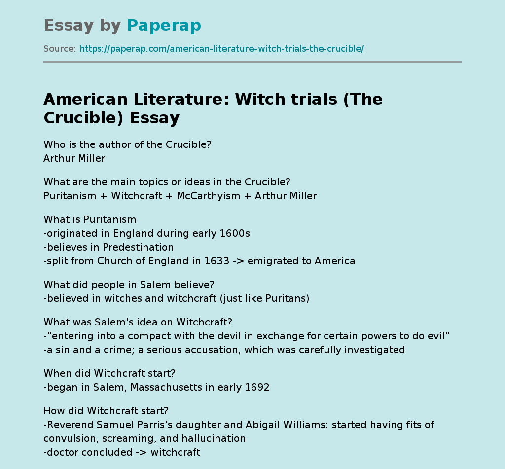 American Literature: Witch trials (The Crucible)