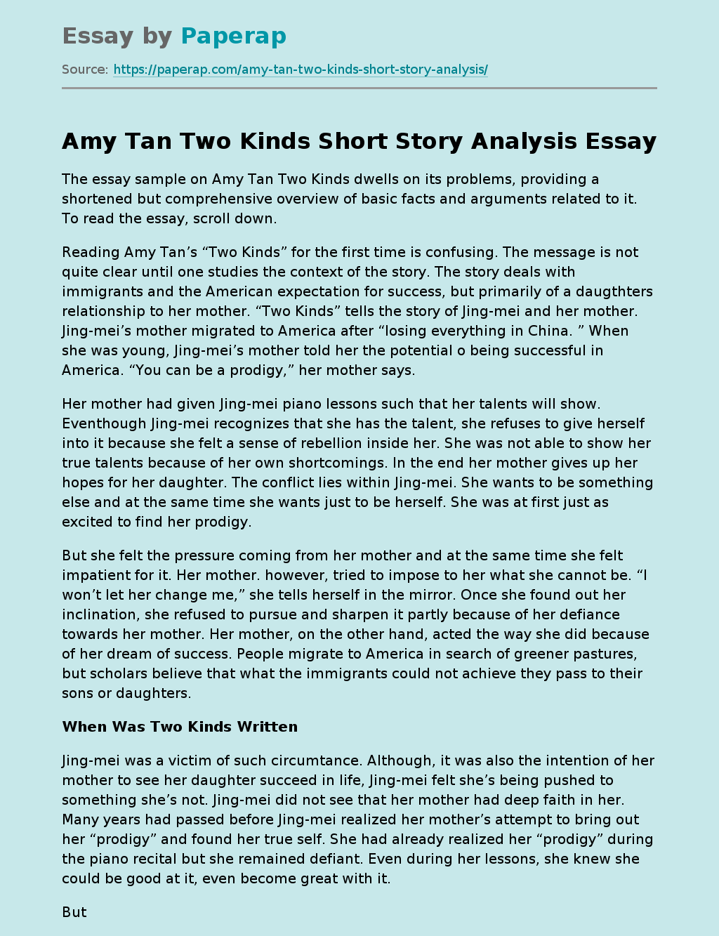 Amy Tan Two Kinds Short Story Analysis