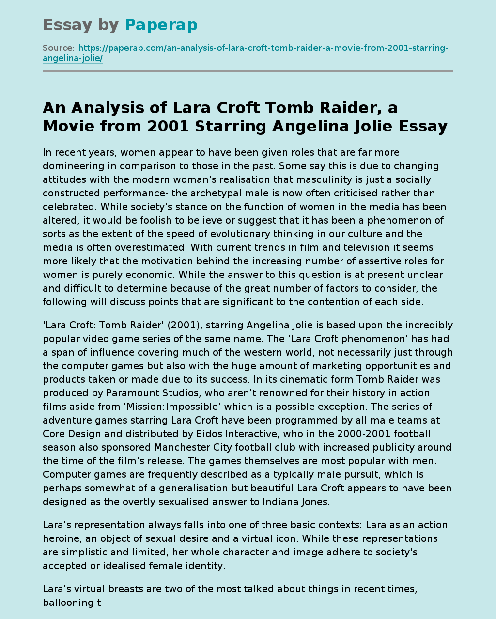 An Analysis of Lara Croft Tomb Raider, a Movie from 2001 Starring Angelina Jolie