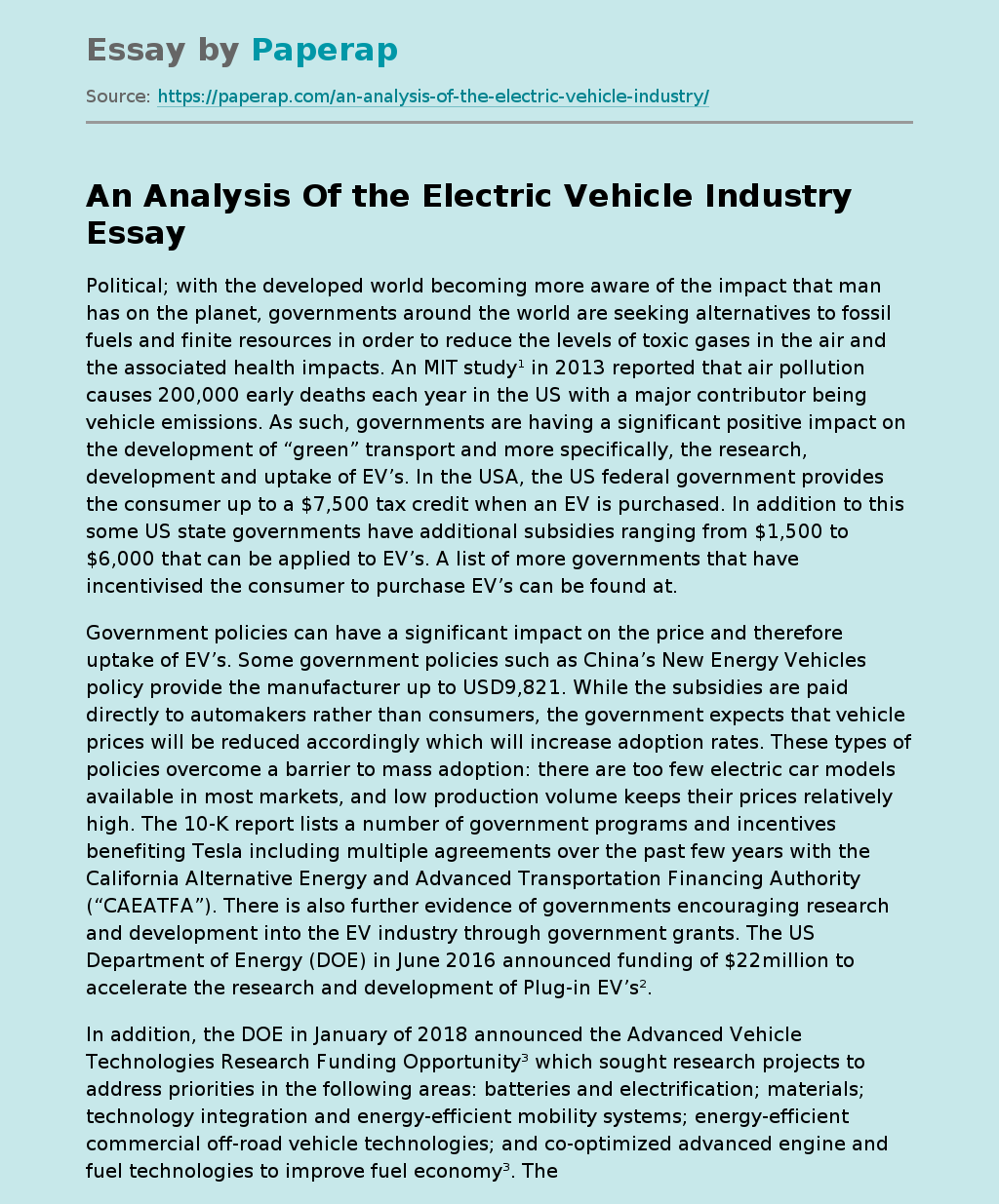 An Analysis Of the Electric Vehicle Industry