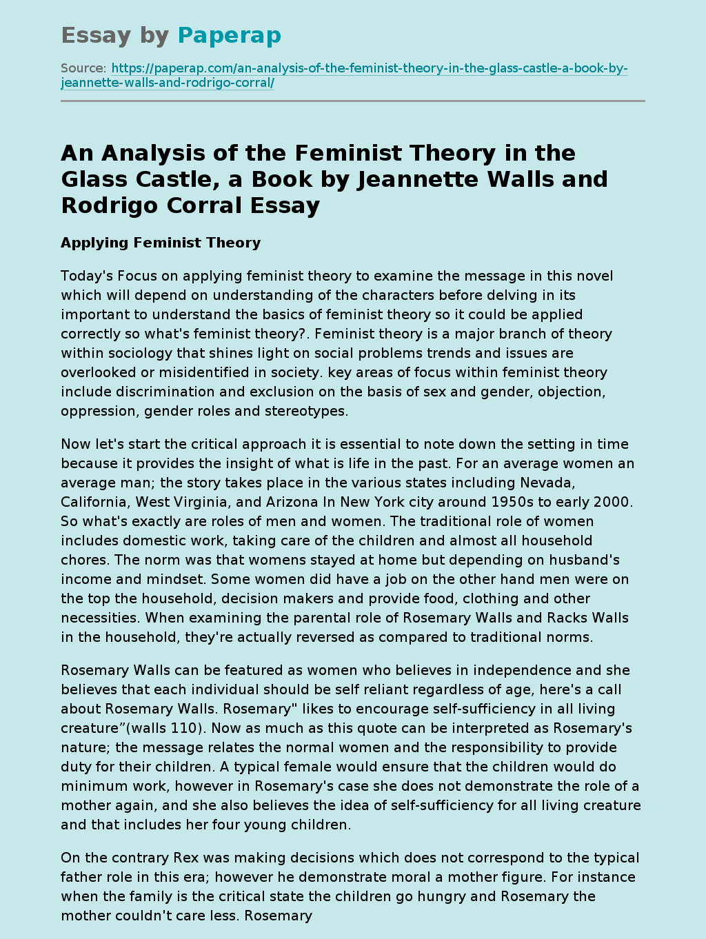 An Analysis of the Feminist Theory in the Glass Castle, a Book by Jeannette Walls and Rodrigo Corral