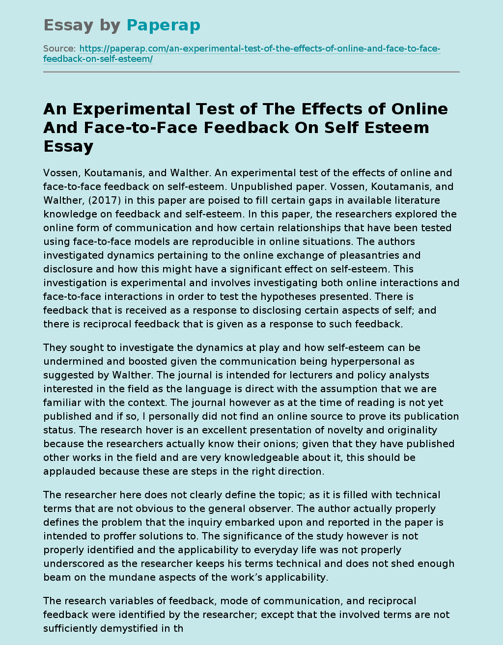 An Experimental Test of The Effects of Online And Face-to-Face Feedback On Self Esteem