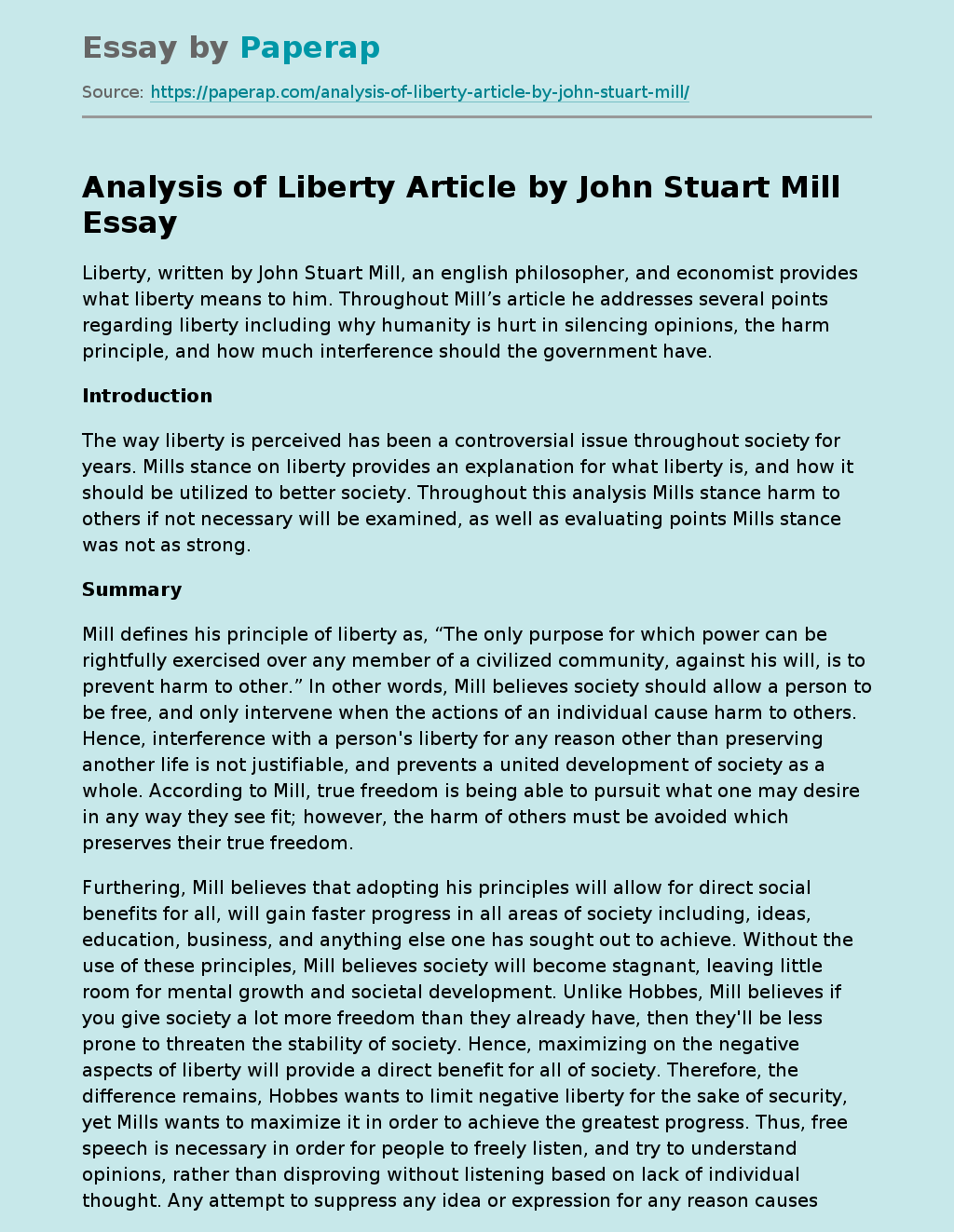 Analysis of Liberty Article by John Stuart Mill