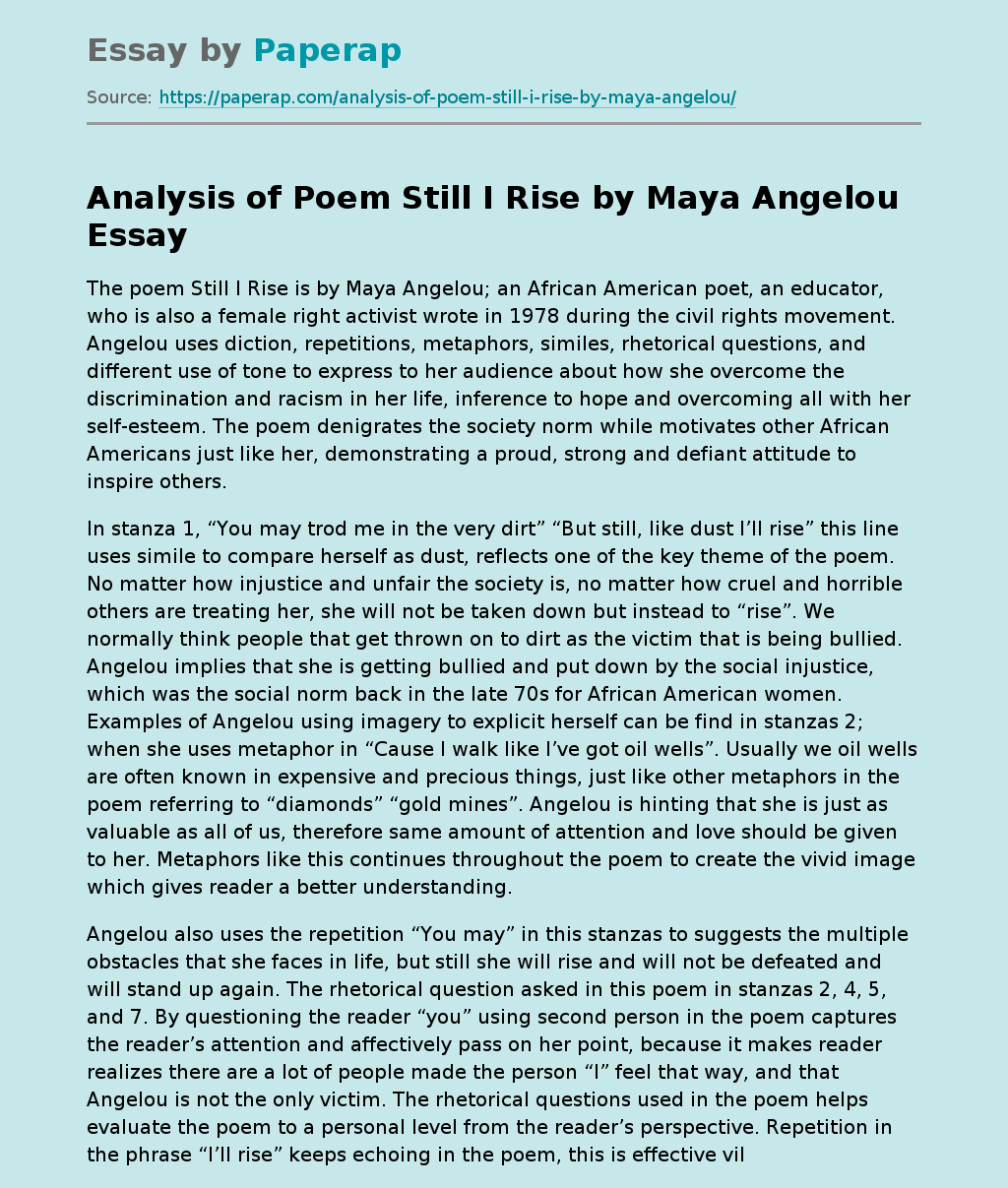 Analysis of Poem Still I Rise by Maya Angelou