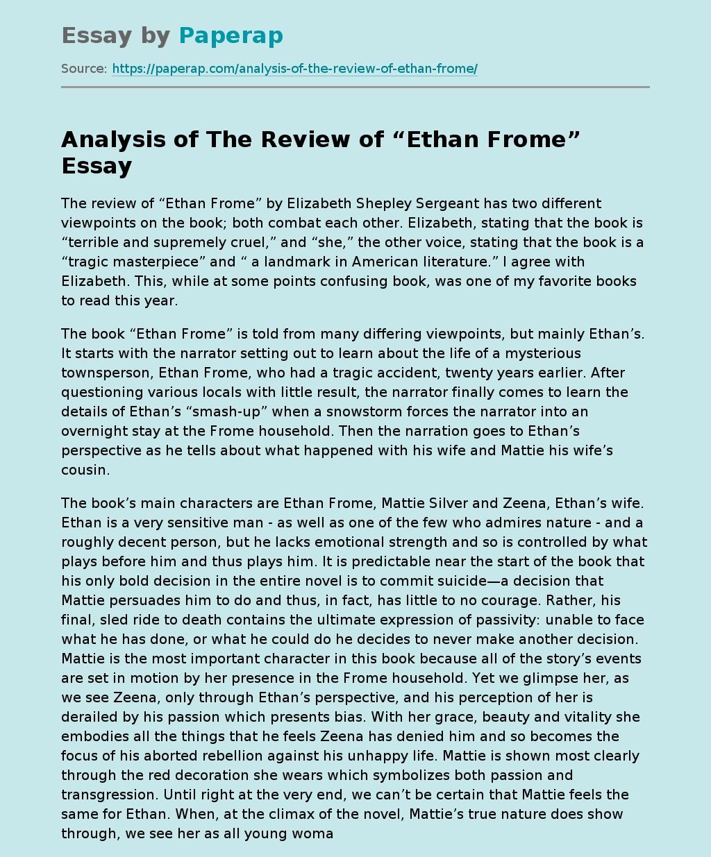 Analysis of The Review of “Ethan Frome”