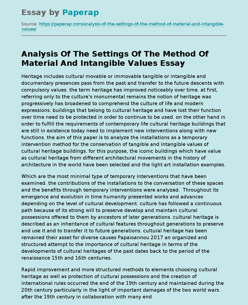 Analysis Of The Settings Of The Method Of Material And Intangible Values