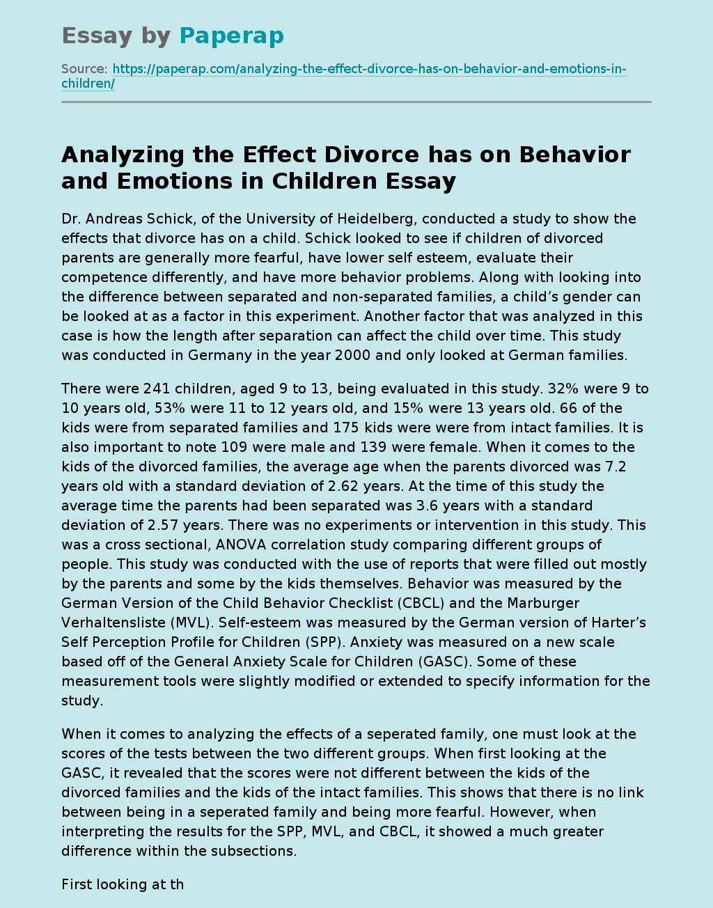 Analyzing the Effect Divorce has on Behavior and Emotions in Children