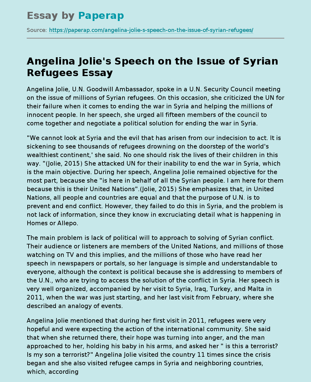 Angelina Jolie's Speech on the Issue of Syrian Refugees