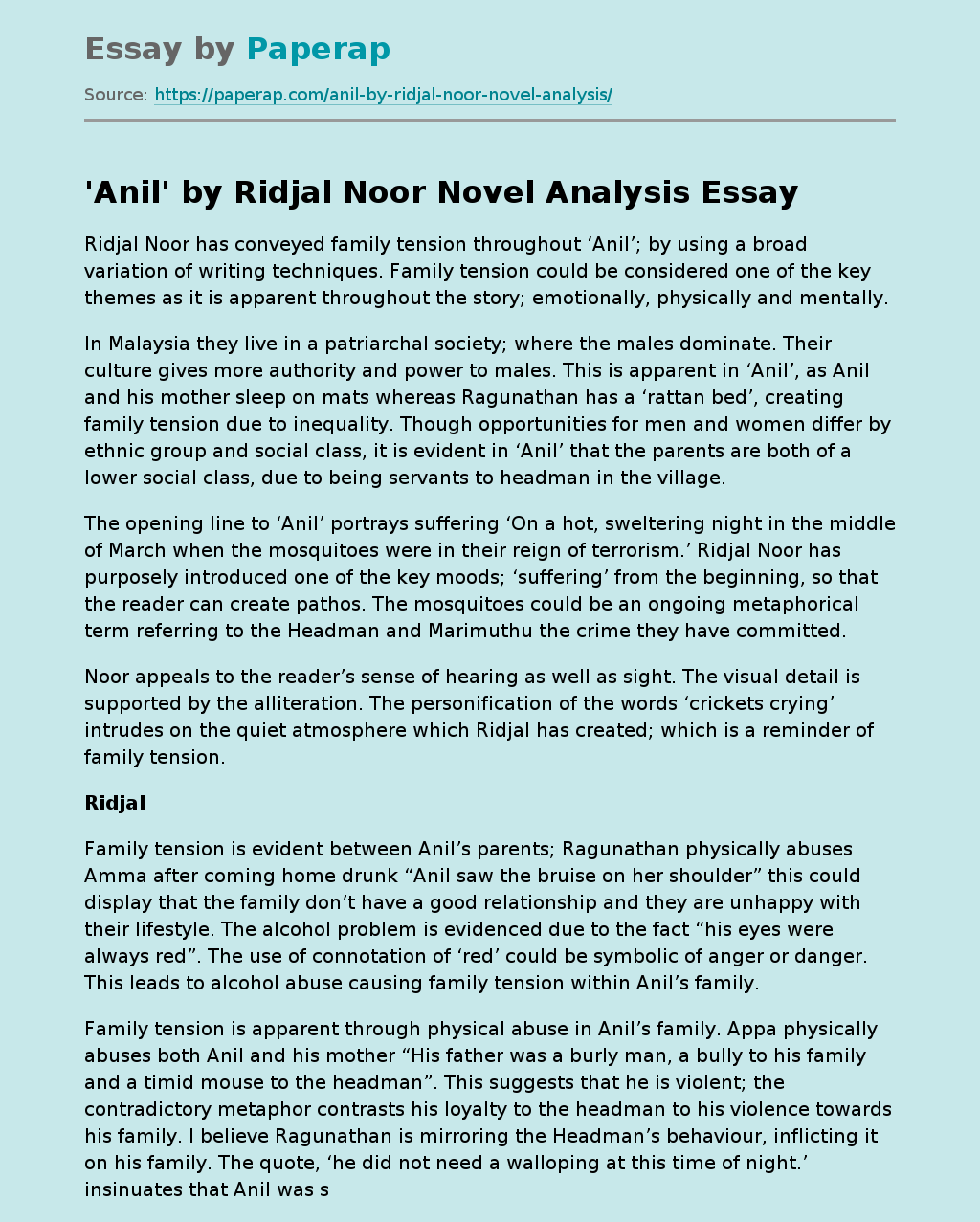 'Anil' by Ridjal Noor Novel Analysis