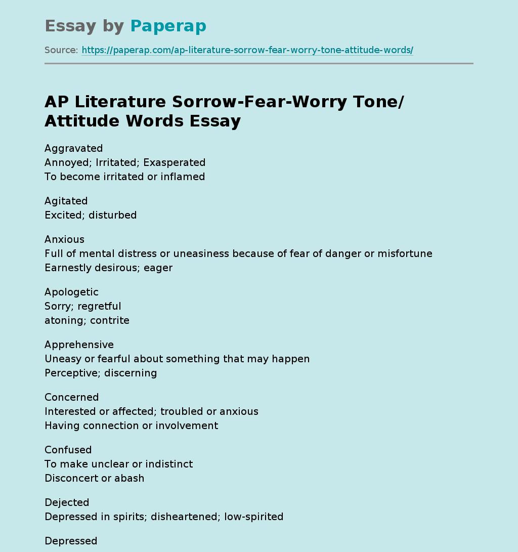 AP Literature Sorrow-Fear-Worry Tone/ Attitude Words