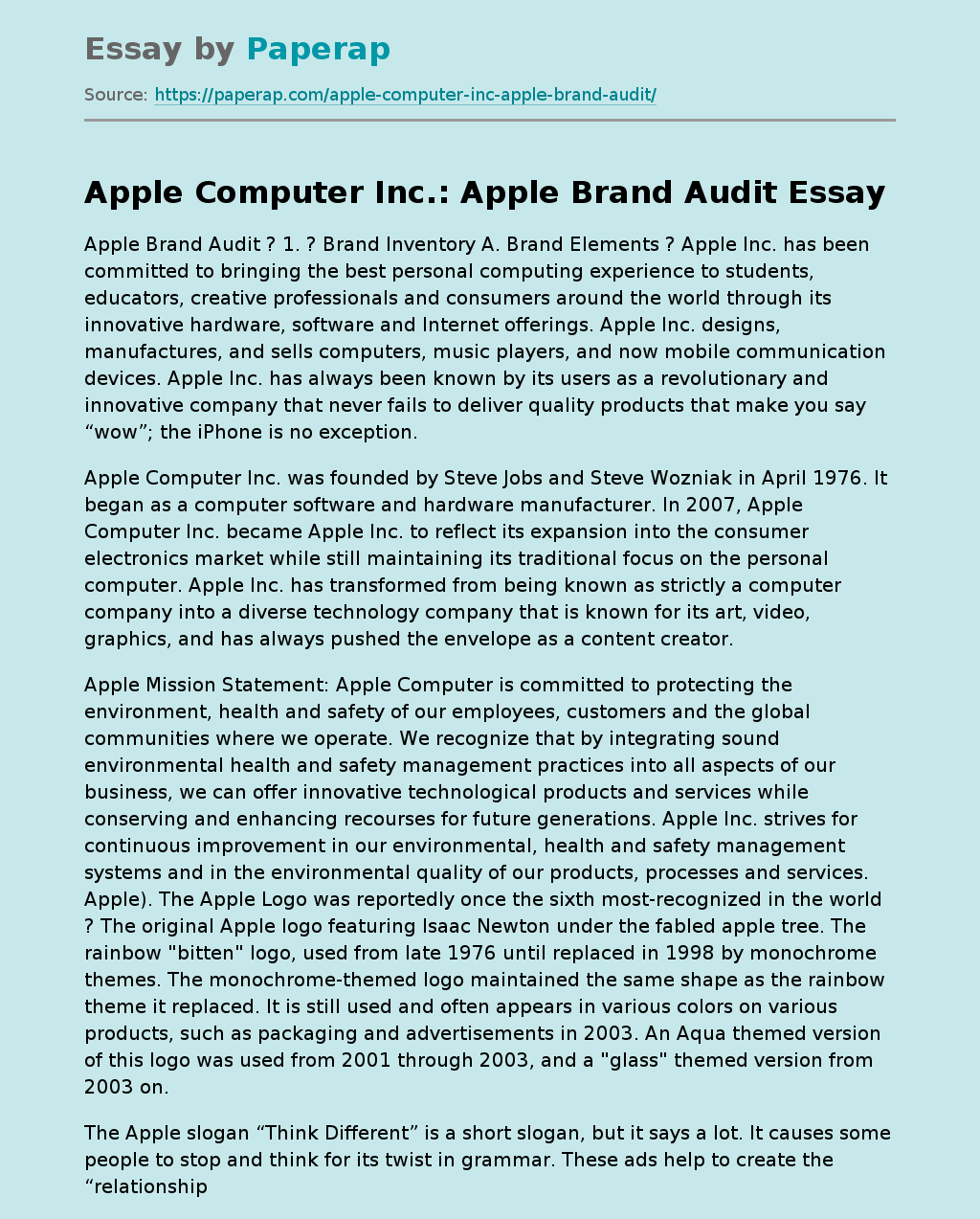 Apple Computer Inc.: Apple Brand Audit