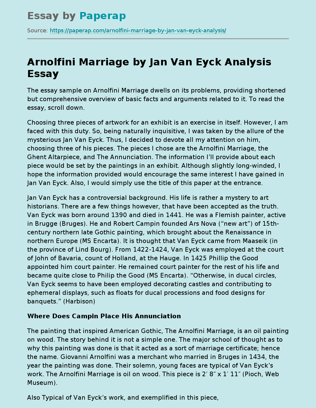 Arnolfini Marriage by Jan Van Eyck Analysis