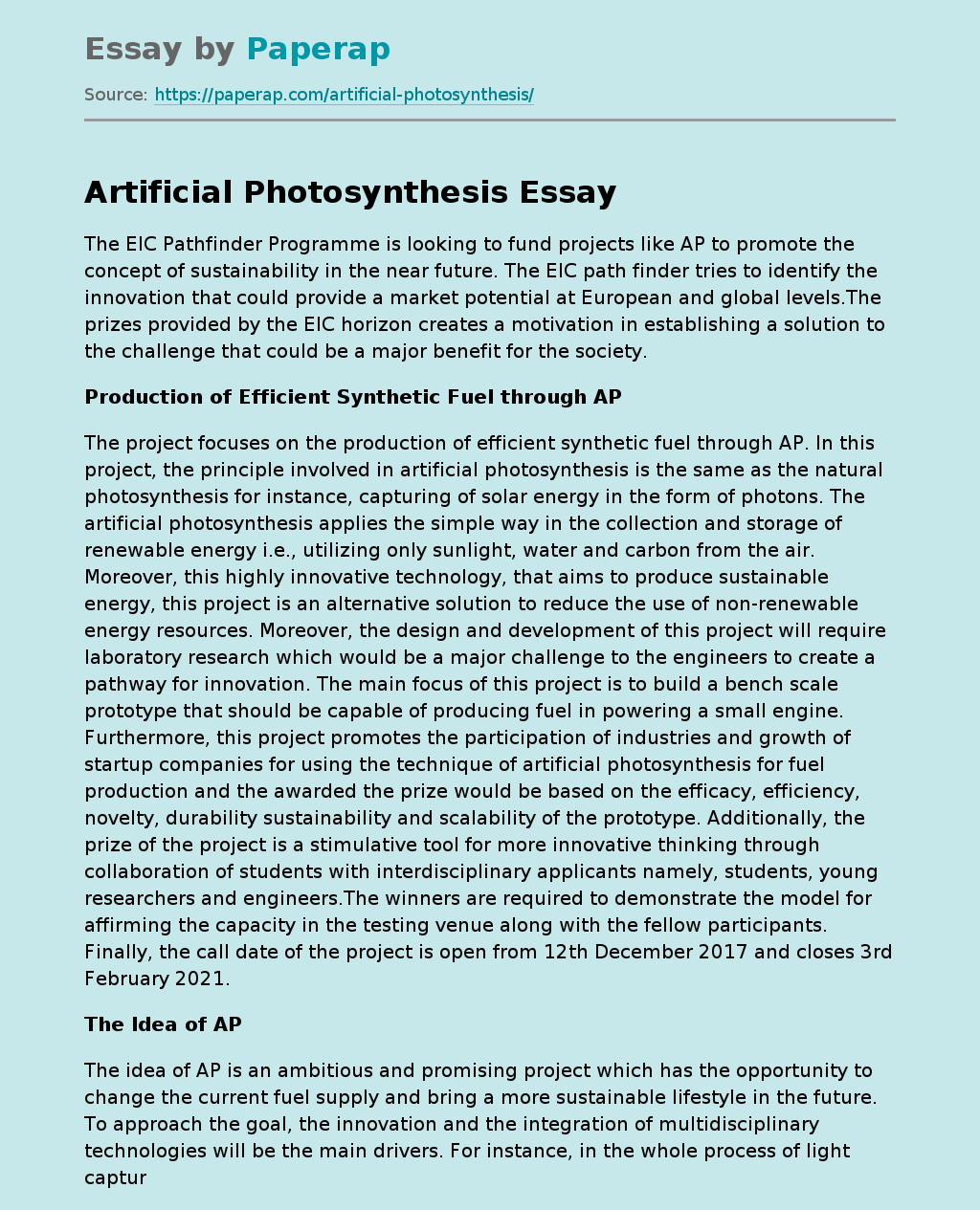 artificial photosynthesis essay