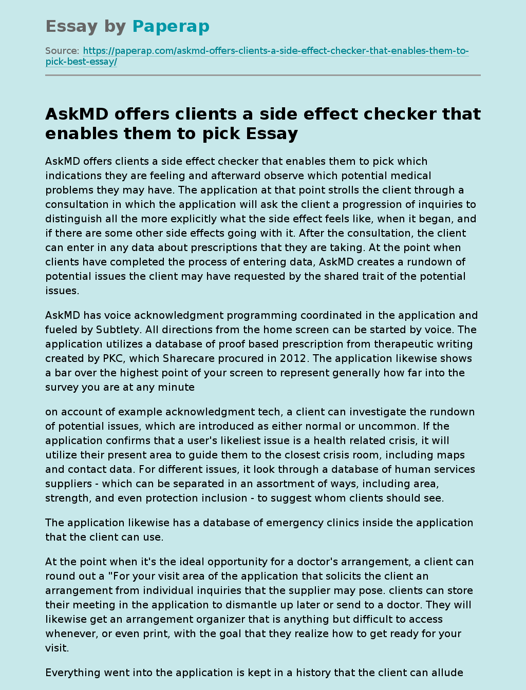 AskMD offers clients a side effect checker that enables them to pick