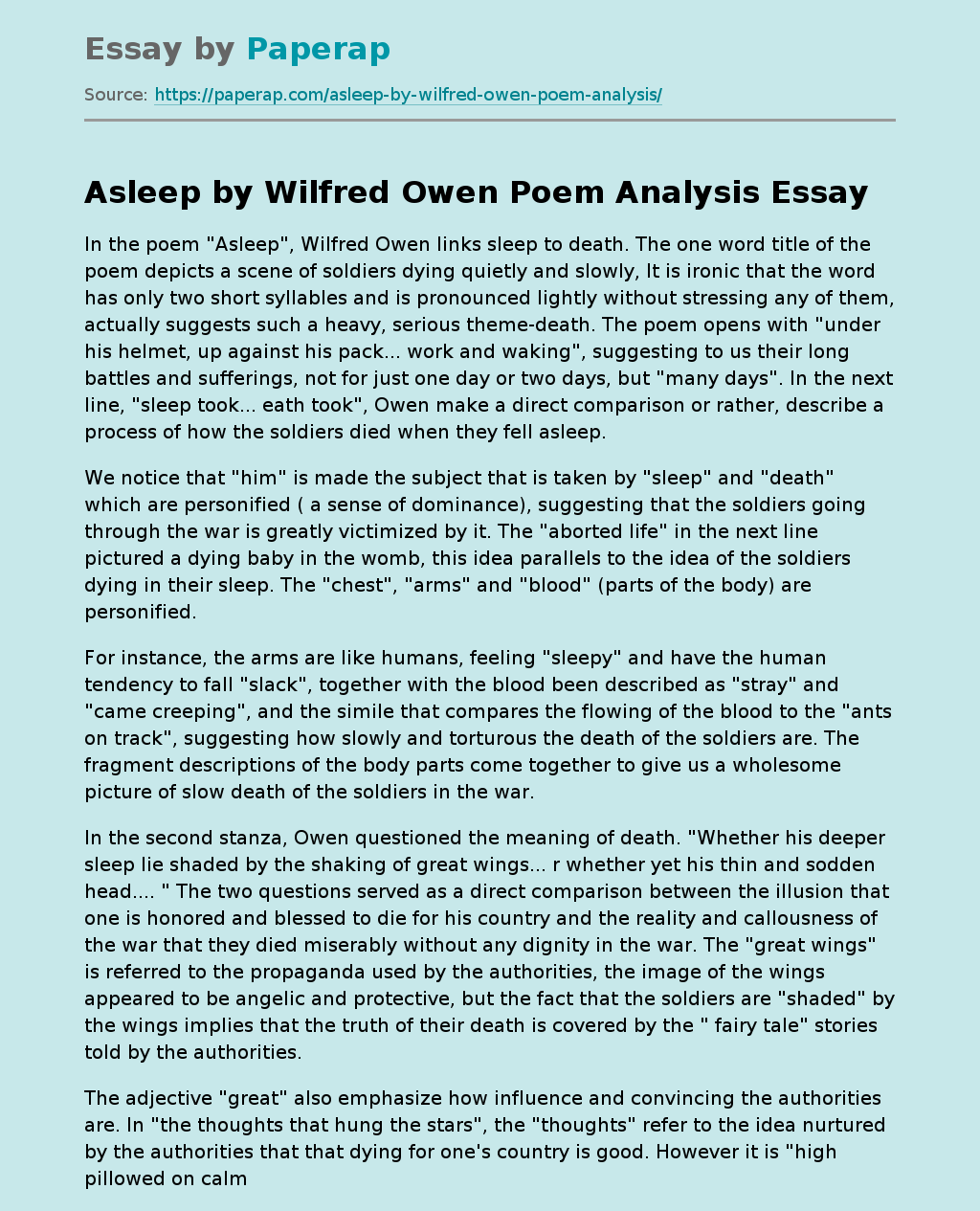 Asleep by Wilfred Owen Poem Analysis
