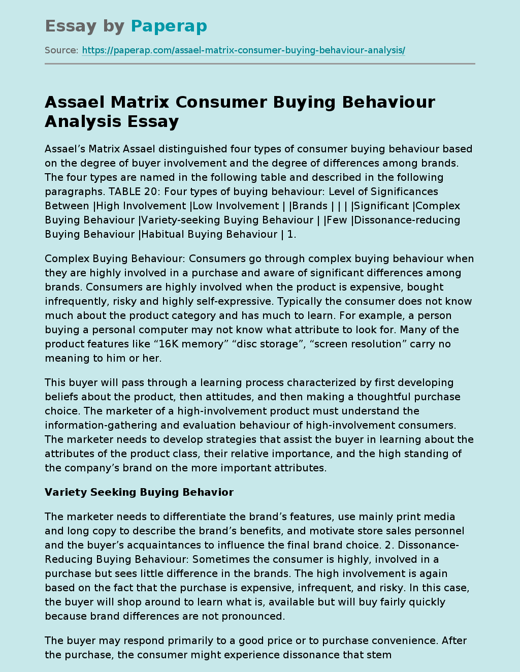 Assael Matrix Consumer Buying Behaviour Analysis